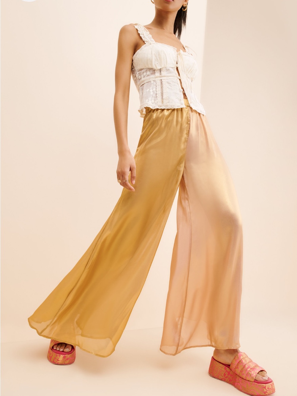 Golden Wave Cover Up Sheer Wide-Leg Palazzo Pants in Gold and Blush